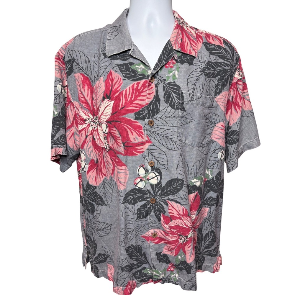 TOMMY BAHAMA 100% Gray Silk Christmas Floral Camp Shirt L Tropical Resort Luxe